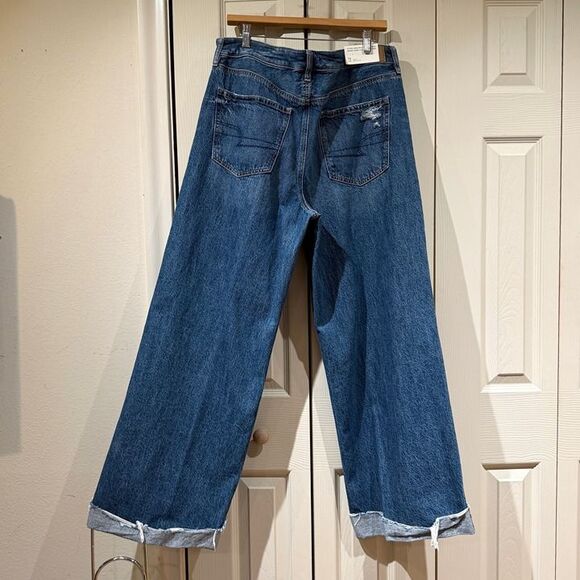 LIKE NEW AE Super High Waisted Baggy Wide Leg Cuffed Jeans Dark Distressed 16 - Picture 10 of 12